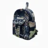 Black patchwork cotton backpack side view, stylish and spacious school bag