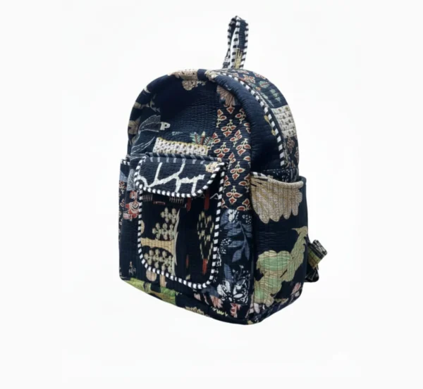 Black patchwork cotton backpack side view, stylish and spacious school bag
