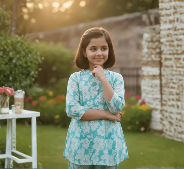 Soft Cotton Aqua Blue Co-ord Set for Girls hover view