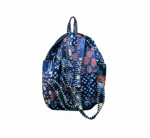 Blue patchwork quilted cotton backpack back view, lightweight and comfortable school bag