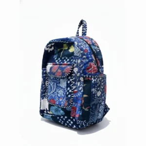 Blue patchwork quilted kids backpack front view, durable and stylish school bag
