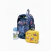 Blue patchwork quilted cotton backpack side view, spacious and durable school bag