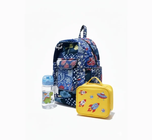 Trendy Blue Patchwork School Backpack with Laptop Compartment hover view