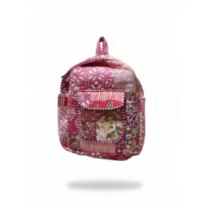 Pink patchwork design kids backpack front view, stylish and durable school bag
