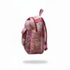 Pink patchwork design kids backpack side view, stylish and spacious school bag