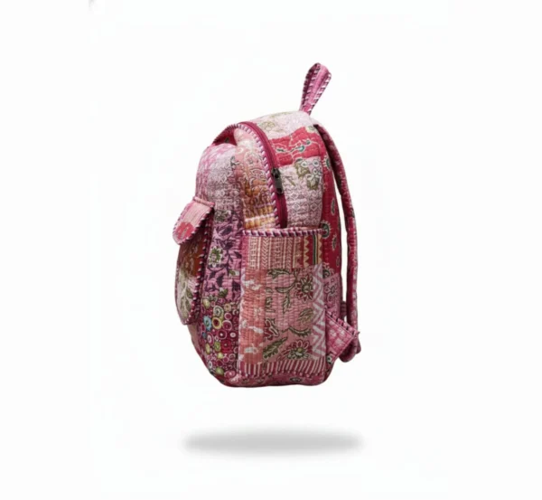 Pink patchwork design kids backpack side view, stylish and spacious school bag