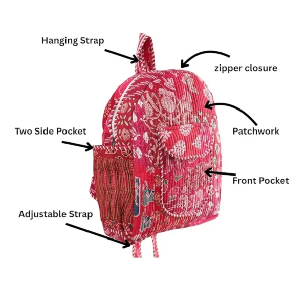 Red floral patchwork kids backpack detail close-up, fabric texture and stitching quality