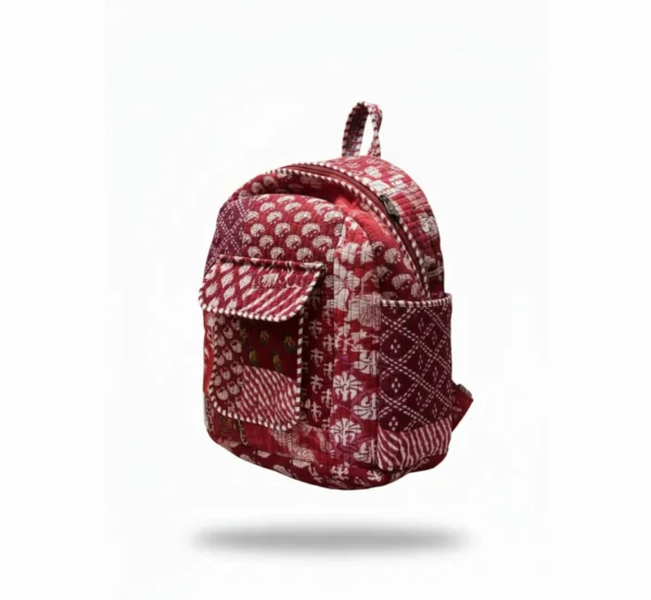 Red floral patchwork kids backpack side view, stylish and spacious school bag