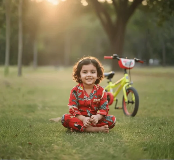 Red Jungle Print Cotton Night Suit for Kids