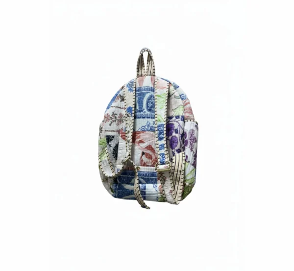 White patchwork cotton kids backpack back view, lightweight and comfortable school bag