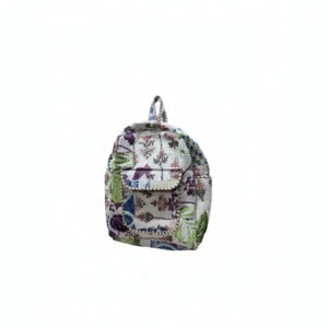 White patchwork kids backpack front view, stylish and durable school bag for children