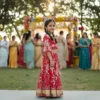 Red lehenga choli for girls side view, graceful and comfortable festive outfit