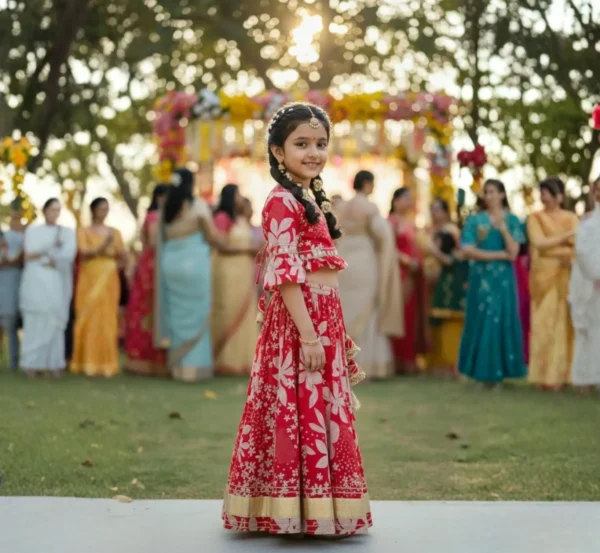 Red lehenga choli for girls side view, graceful and comfortable festive outfit