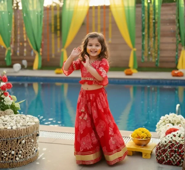 Red lehenga choli for girls front view, festive and traditional outfit