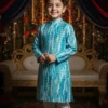 Boys kurta pajama close‑up garment detail showing fabric texture and embroidery