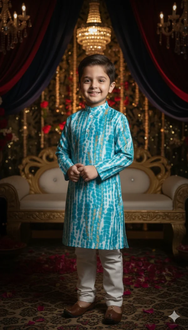 Boys kurta pajama close‑up garment detail showing fabric texture and embroidery