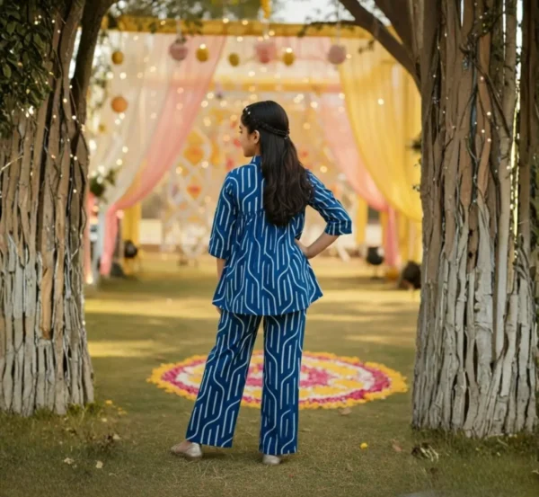 Dark blue girls cotton co-ord set back view, soft and stylish kids clothing