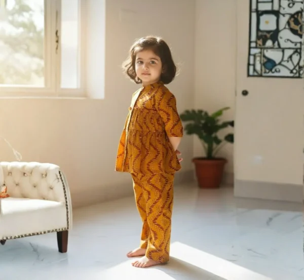 Mustard girls cotton co-ord set side pose, trendy and relaxed everyday wear