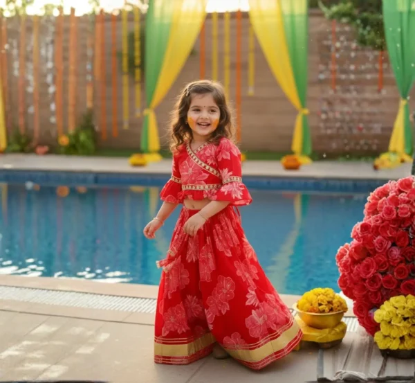 Red lehenga choli for girls full length view, complete ethnic outfit for celebrations