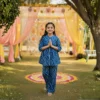 Dark blue girls cotton co-ord set full length pose, stylish and comfortable outfit for kids