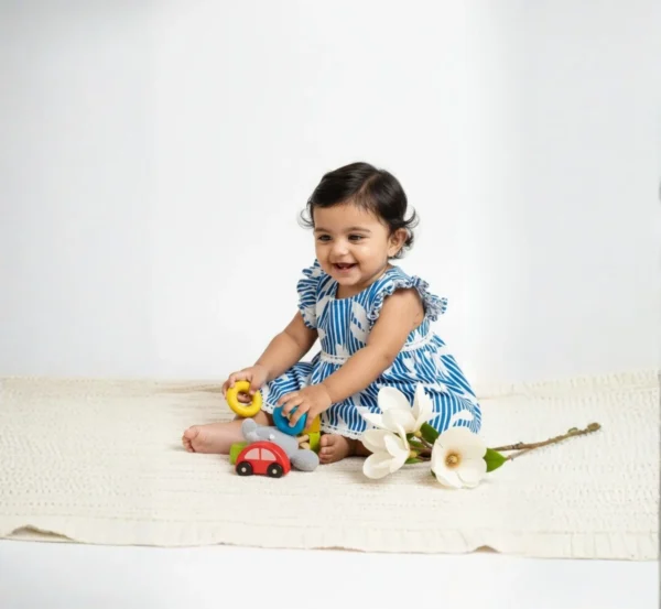 Blue cotton infant frock laughing baby, soft and stylish baby wear