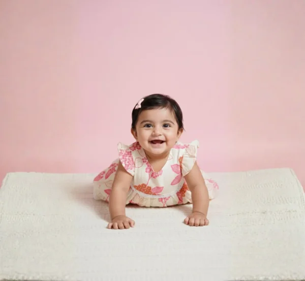 Cream cotton infant frock candid shot, soft and breathable baby clothing