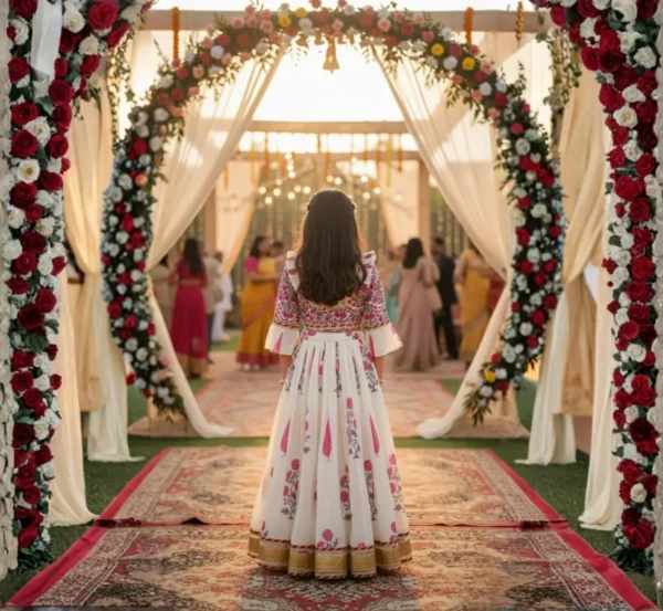 Cream lehenga choli for girls back view, stylish and comfortable ethnic outfit