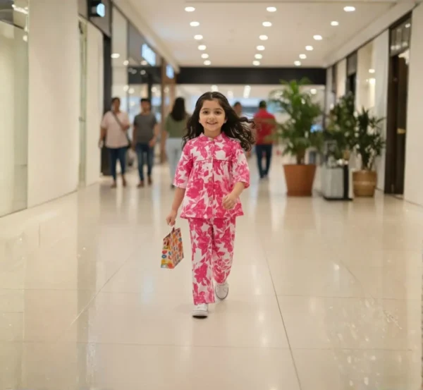 Pink floral girls cotton co-ord set lifestyle candid shot, relaxed and breathable outfit