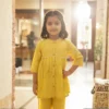 Girls yellow cotton co-ord set profile view, comfortable summer outfit for kids