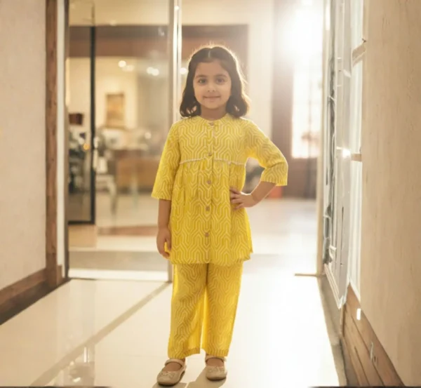 Yellow girls cotton co-ord set front portrait, elegant and modern kids outfit