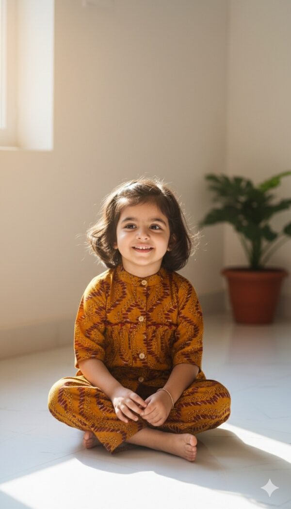 Mustard girls cotton co-ord set lifestyle image, comfortable and stylish kids wear