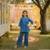 Dark blue girls cotton co‑ord set front view, stylish and comfortable outfit for kids