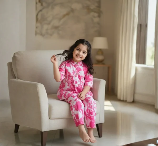 Pink floral girls cotton co-ord set front seated view, cozy and stylish everyday wear