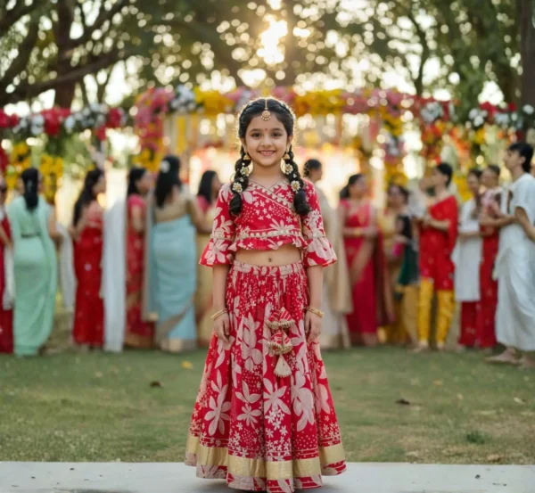 Red lehenga choli for girls full length view, complete traditional outfit for occasions