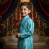 Boys kurta pajama side view, detailed look at fit and silhouette of ethnic wear