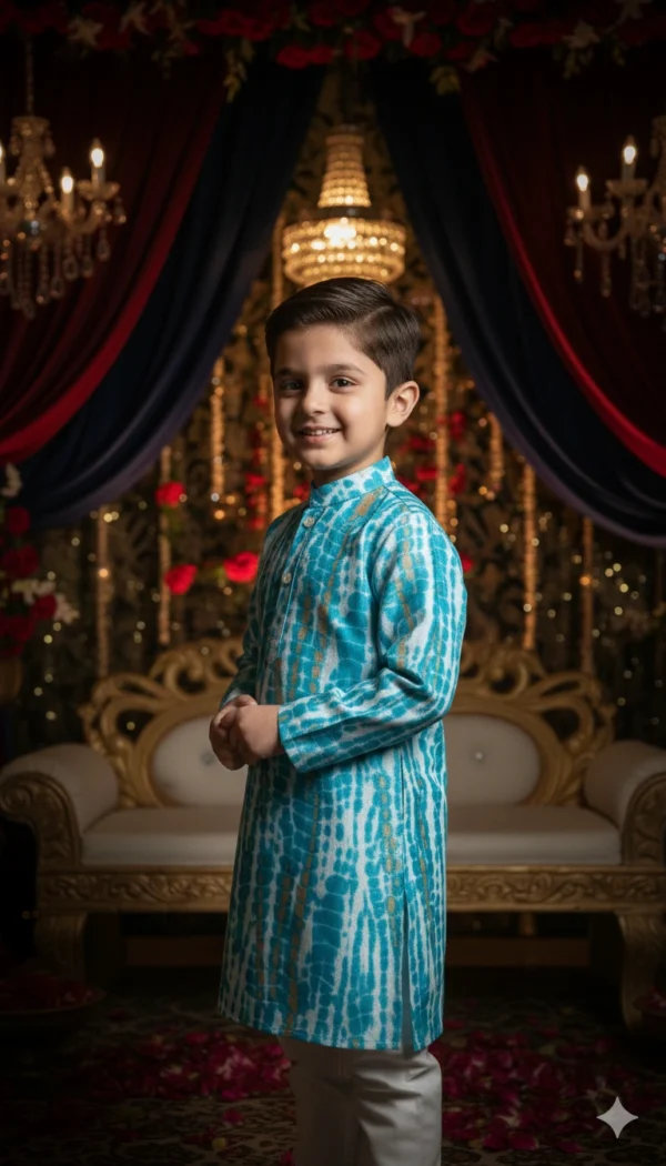 Boys kurta pajama side view, detailed look at fit and silhouette of ethnic wear