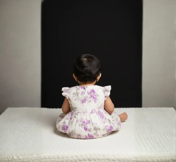 White cotton infant frock back view, lightweight and soft baby outfit