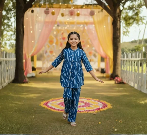 Dark blue girls cotton co-ord set lifestyle candid shot, natural and comfortable outfit