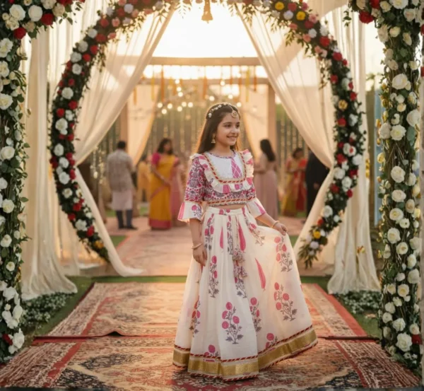 Cream lehenga choli for girls full length view, complete ethnic outfit for celebrations