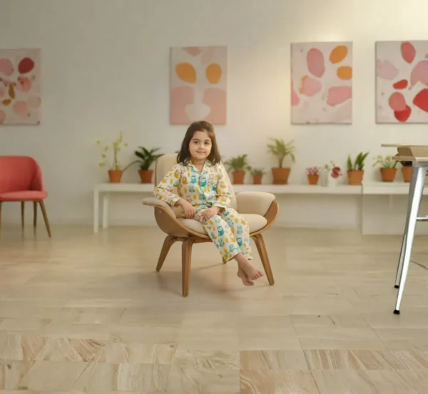 Kids owl print cotton night suit sitting pose, comfortable and relaxed sleepwear