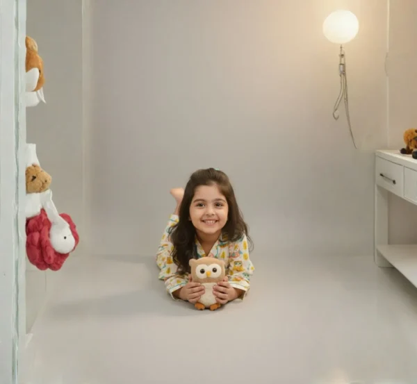 Kids owl print cotton night suit candid shot, soft and cozy bedtime wear