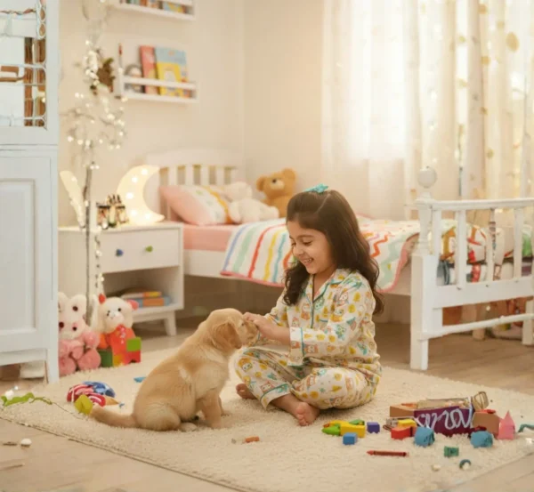 Kids owl print cotton night suit with playful puppy print, fun and breathable sleepwear