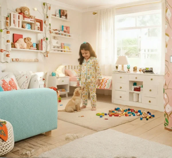 Kids owl print cotton night suit playing pose, fun and flexible sleepwear