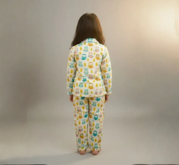 Kids owl print cotton night suit back view, breathable and cozy sleepwear