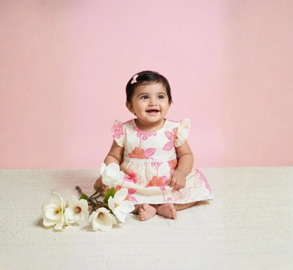 Cream cotton infant frock natural pose, cozy and lightweight baby wear