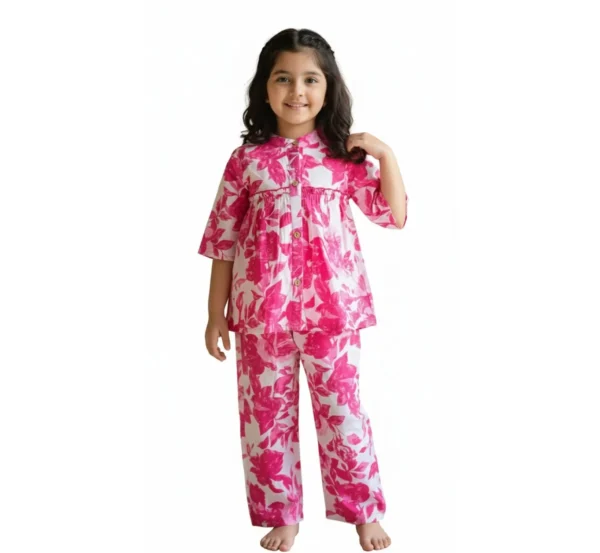 Pink floral girls cotton co-ord set studio cutout image, clean and stylish coordinated outfit