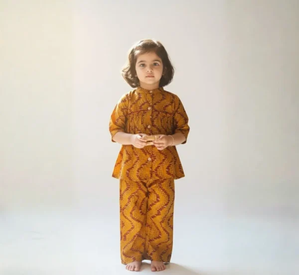 Mustard girls cotton co-ord set centered studio shot, clean and stylish outfit