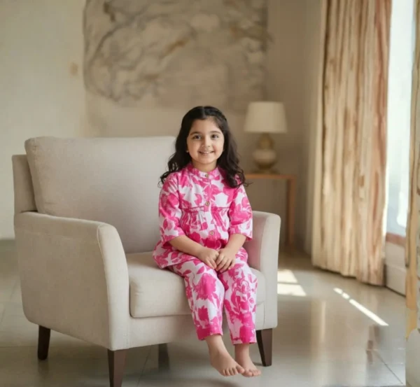 Pink floral girls cotton co-ord set centered seated pose, elegant and coordinated outfit