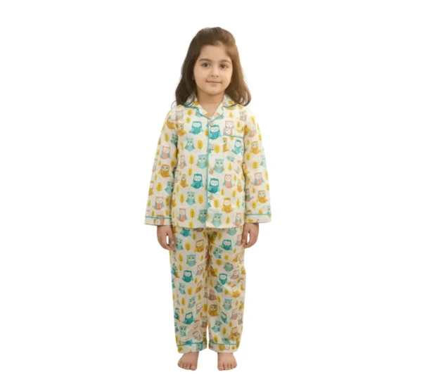 Kids owl print cotton night suit catalog view, stylish and soft sleepwear