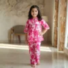Pink floral girls cotton co‑ord set profile view, stylish and comfortable kids outfit